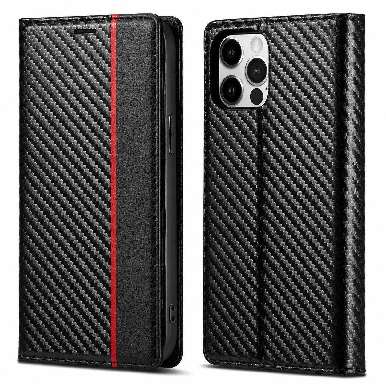 Premium iPhone Case MagSafe Compatible Carbon Fiber Leather Flip Wallet Cover Card Holder Stand Magnetic Shockproof Camera Lens Protection Slim Design
