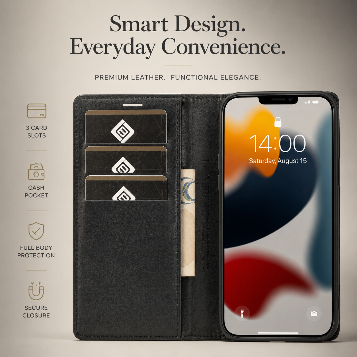 Premium iPhone Case MagSafe Compatible Carbon Fiber Leather Flip Wallet Cover Card Holder Stand Magnetic Shockproof Camera Lens Protection Slim Design