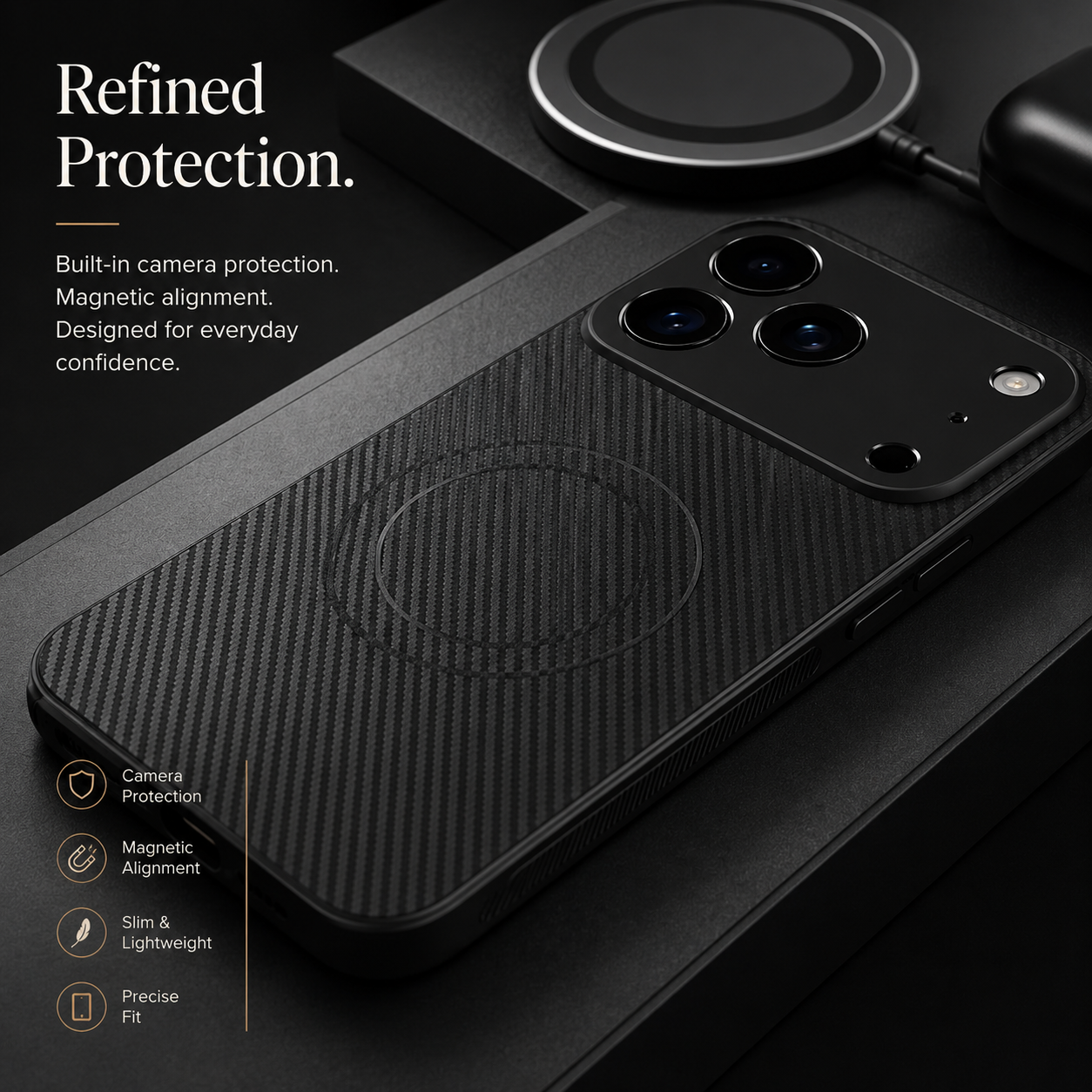 Premium iPhone Case MagSafe Compatible Carbon Fiber Magnetic Cover Ultra Thin Shockproof Camera Protection Slim Lightweight Anti Scratch Design