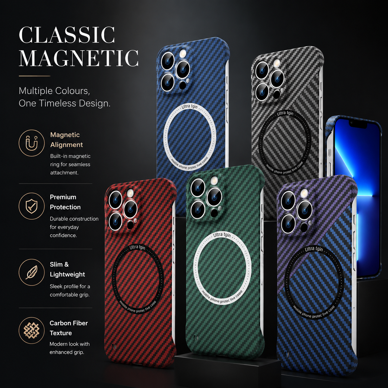 Premium iPhone Case MagSafe Compatible Carbon Fiber Texture Slim Cover Ultra Thin Shockproof Camera Lens Protection Lightweight Protective Design
