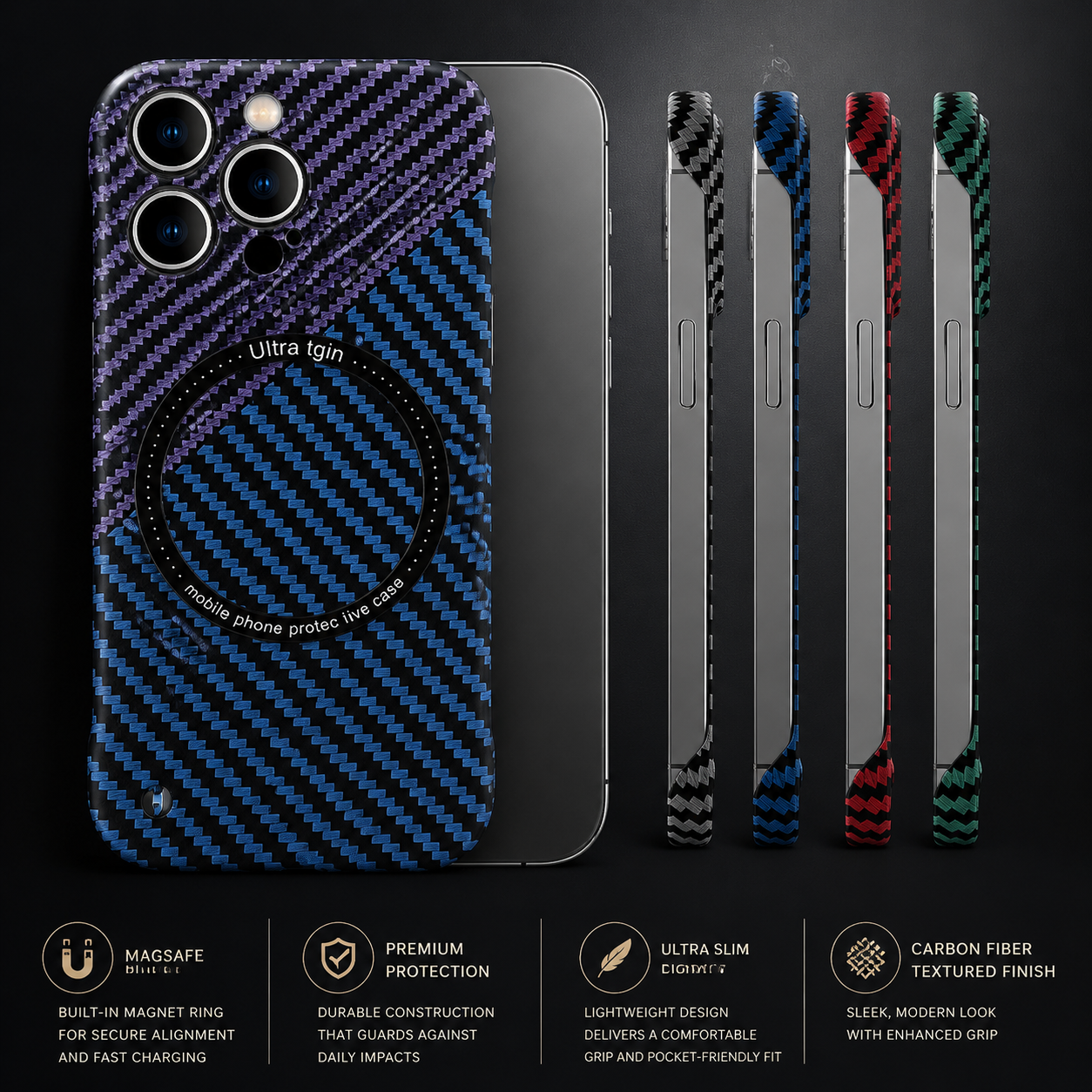 Premium iPhone Case MagSafe Compatible Carbon Fiber Texture Slim Cover Ultra Thin Shockproof Camera Lens Protection Lightweight Protective Design