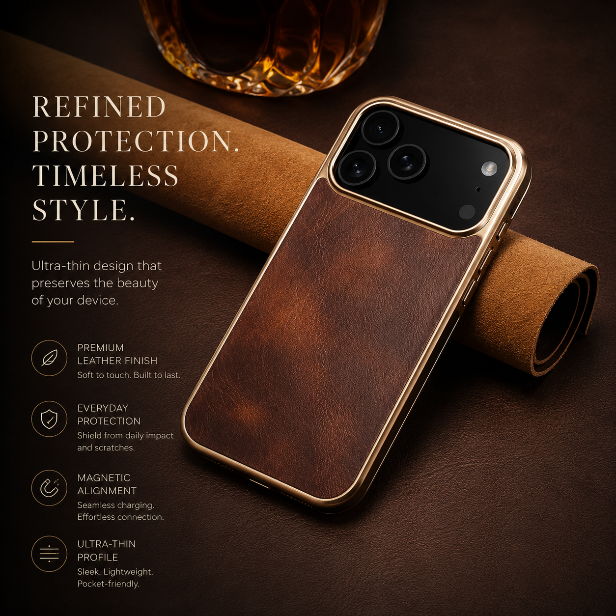 Premium iPhone Case MagSafe Compatible Cowhide Leather Cover Electroplated Edge Camera Protection Shockproof Anti Scratch Non Slip Slim Lightweight Design