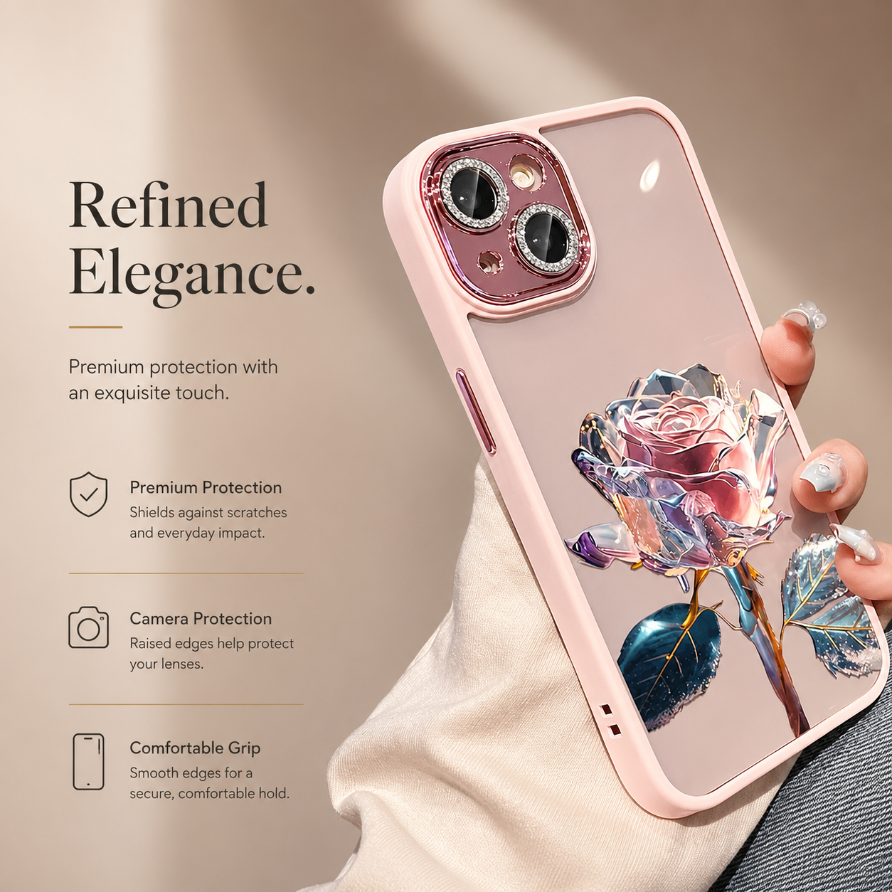 Premium iPhone Case MagSafe Compatible Crystal Rose Diamond Magnetic Cover Glitter Texture Shockproof Protective Camera Lens Guard Slim Design