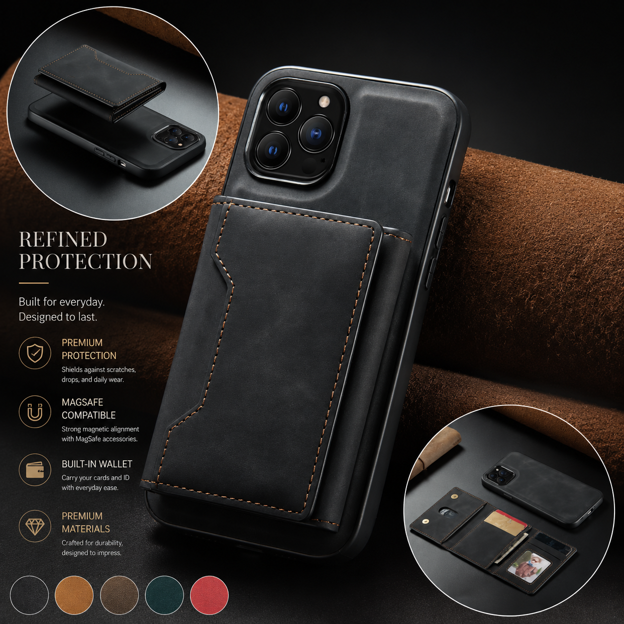 Premium iPhone Case MagSafe Compatible Detachable Leather Wallet Cover Card Holder Magnetic Stand Shockproof Protective Camera Lens Guard Slim Design