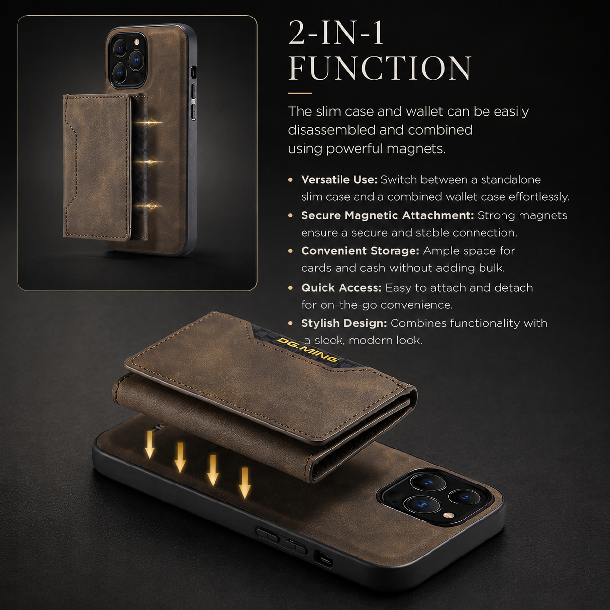 Premium iPhone Case MagSafe Compatible Detachable Leather Wallet Cover Card Holder Magnetic Stand Shockproof Protective Camera Lens Guard Slim Design