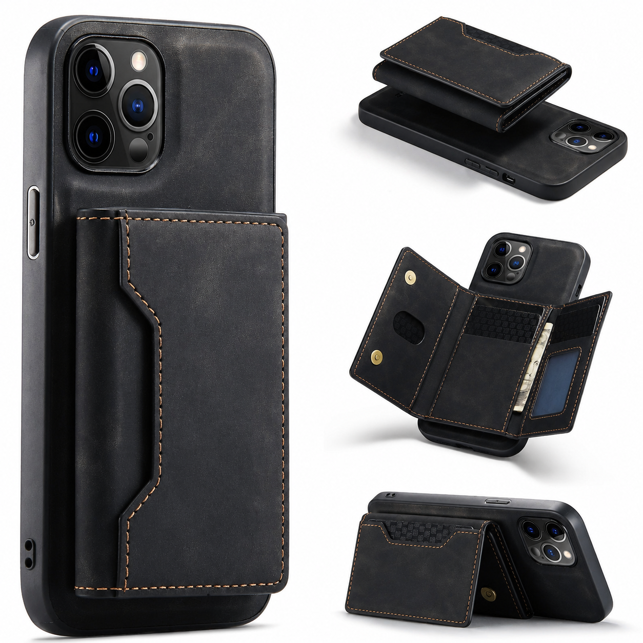 Premium iPhone Case MagSafe Compatible Detachable Leather Wallet Cover Card Holder Magnetic Stand Shockproof Protective Camera Lens Guard Slim Design