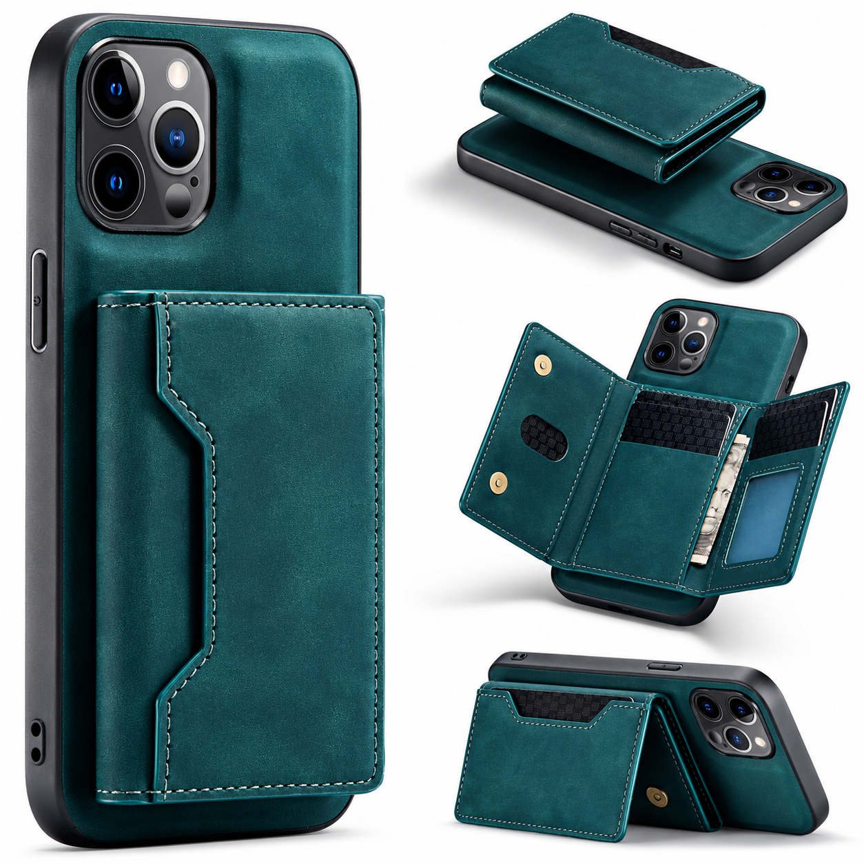 Premium iPhone Case MagSafe Compatible Detachable Leather Wallet Cover Card Holder Magnetic Stand Shockproof Protective Camera Lens Guard Slim Design