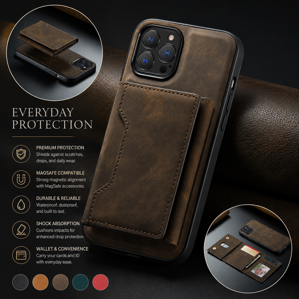 Premium iPhone Case MagSafe Compatible Detachable Leather Wallet Cover Card Holder Magnetic Stand Shockproof Protective Camera Lens Guard Slim Design