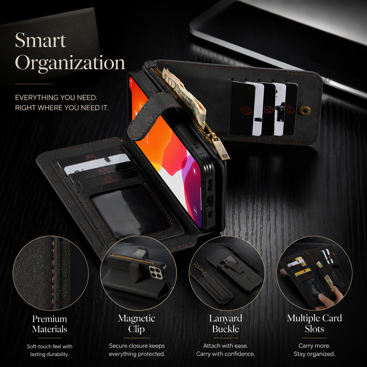 Premium iPhone Case MagSafe Compatible Detachable Leather Wallet Cover Flip Stand Card Holder Magnetic Shockproof Camera Lens Protection Slim Design