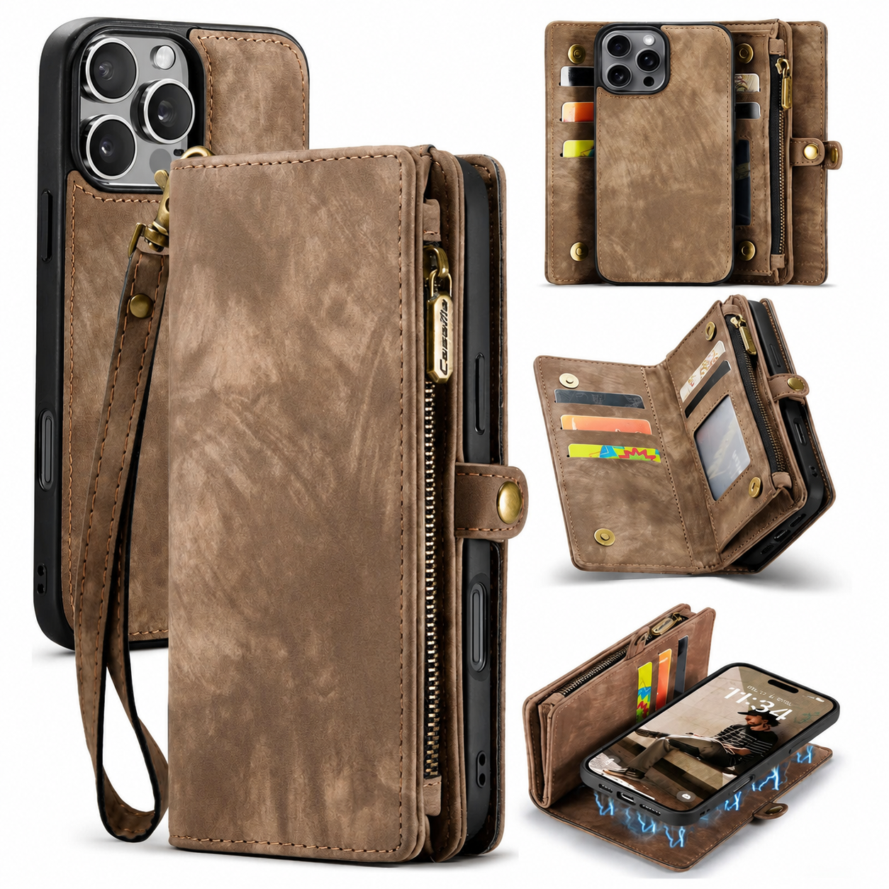 Premium iPhone Case MagSafe Compatible Detachable Leather Wallet Cover Flip Stand Card Holder Magnetic Shockproof Camera Lens Protection Slim Design