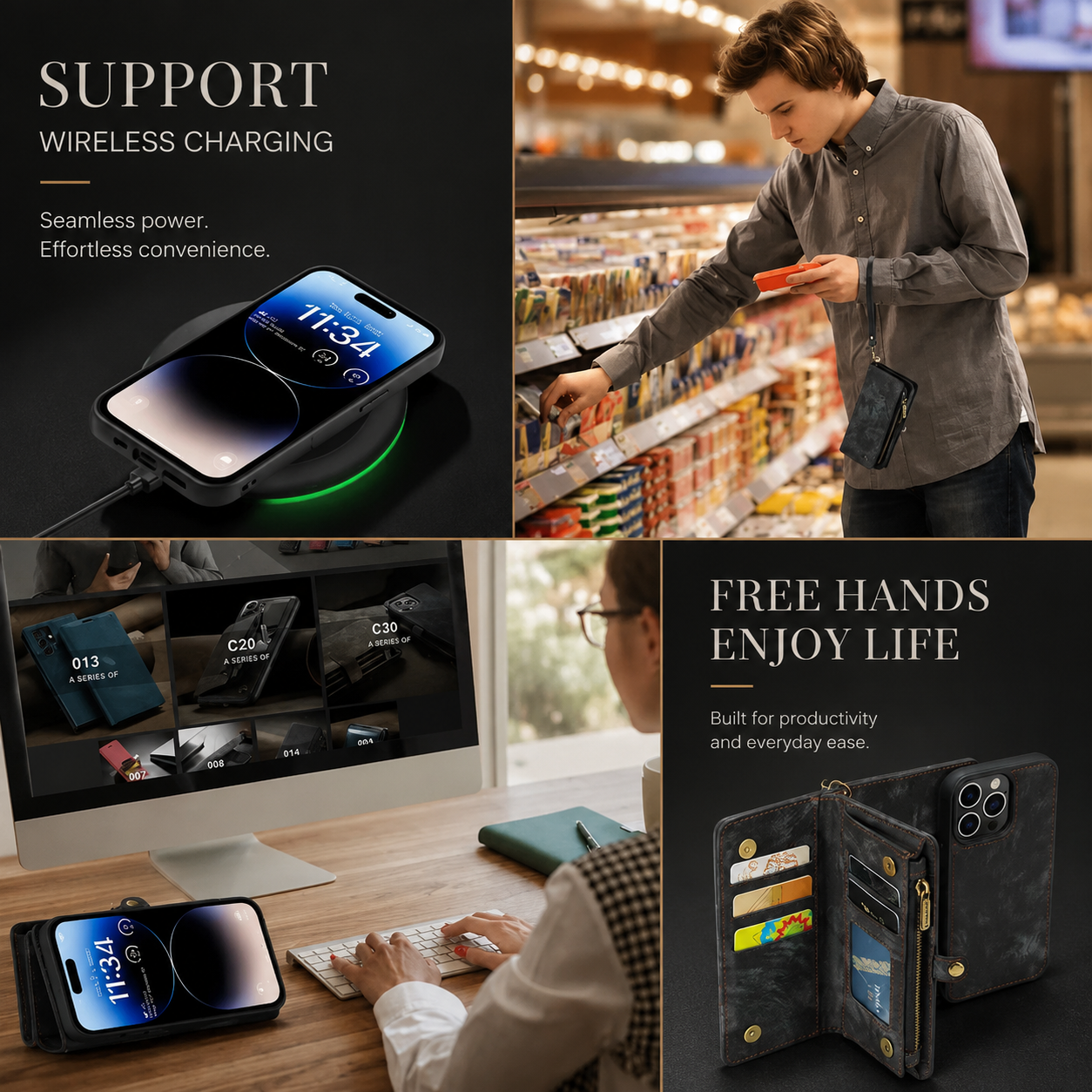 Premium iPhone Case MagSafe Compatible Detachable Leather Wallet Cover Flip Stand Card Holder Magnetic Shockproof Camera Lens Protection Slim Design