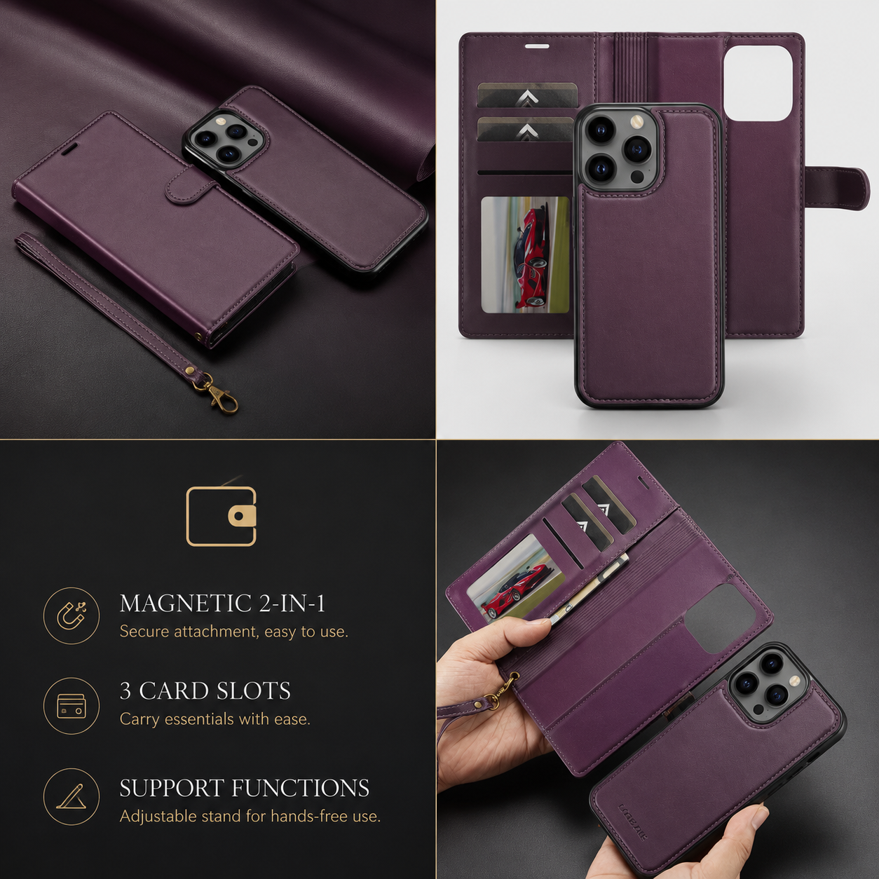 Premium iPhone Case MagSafe Compatible Detachable Leather Wallet Cover Flip Stand Card Holder Magnetic Shockproof Camera Lens Protection Slim Design