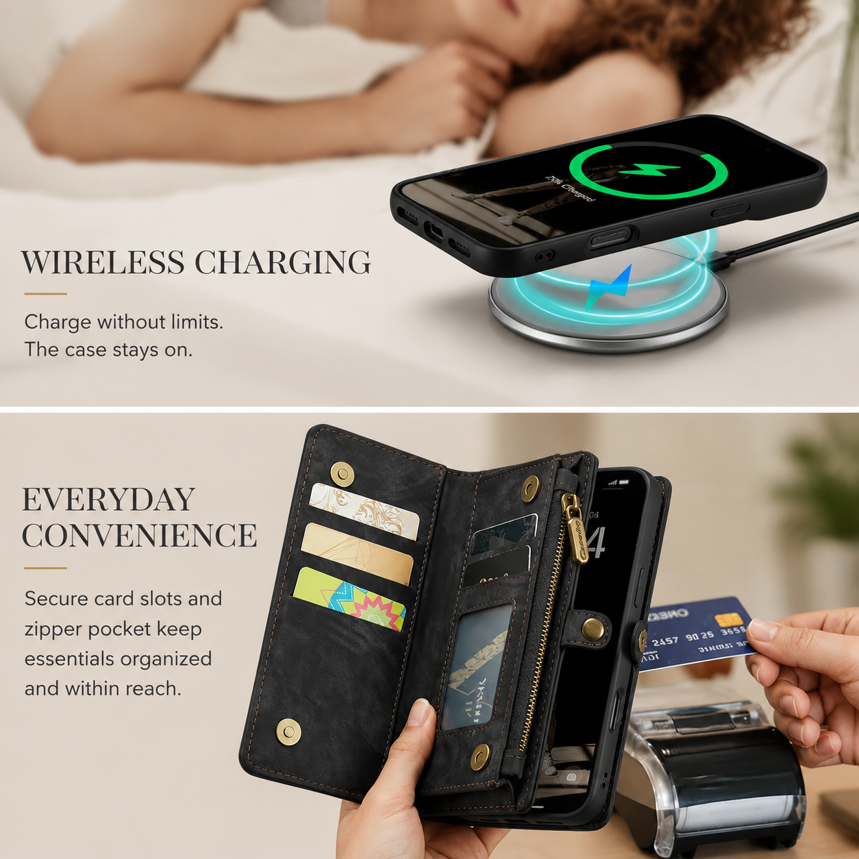 Premium iPhone Case MagSafe Compatible Detachable Leather Wallet Cover Flip Stand Card Holder Magnetic Shockproof Camera Lens Protection Slim Design