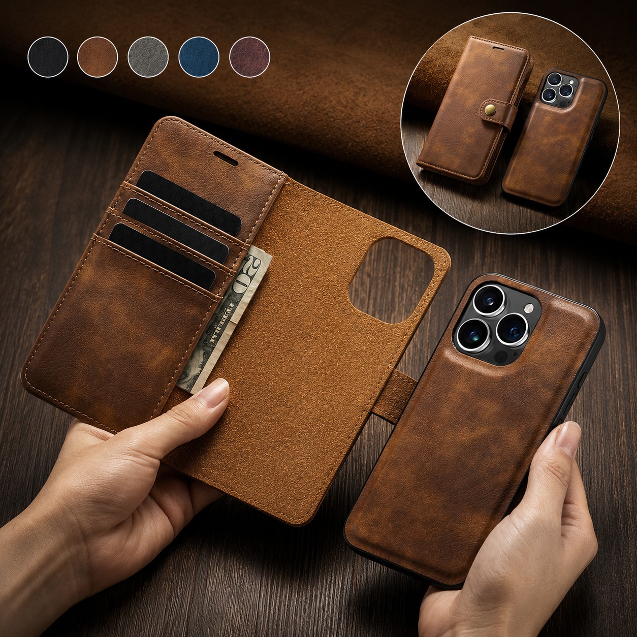 Premium iPhone Case MagSafe Compatible Detachable Leather Wallet Cover Magnetic Card Holder Shockproof Protective Camera Lens Protection Slim Design