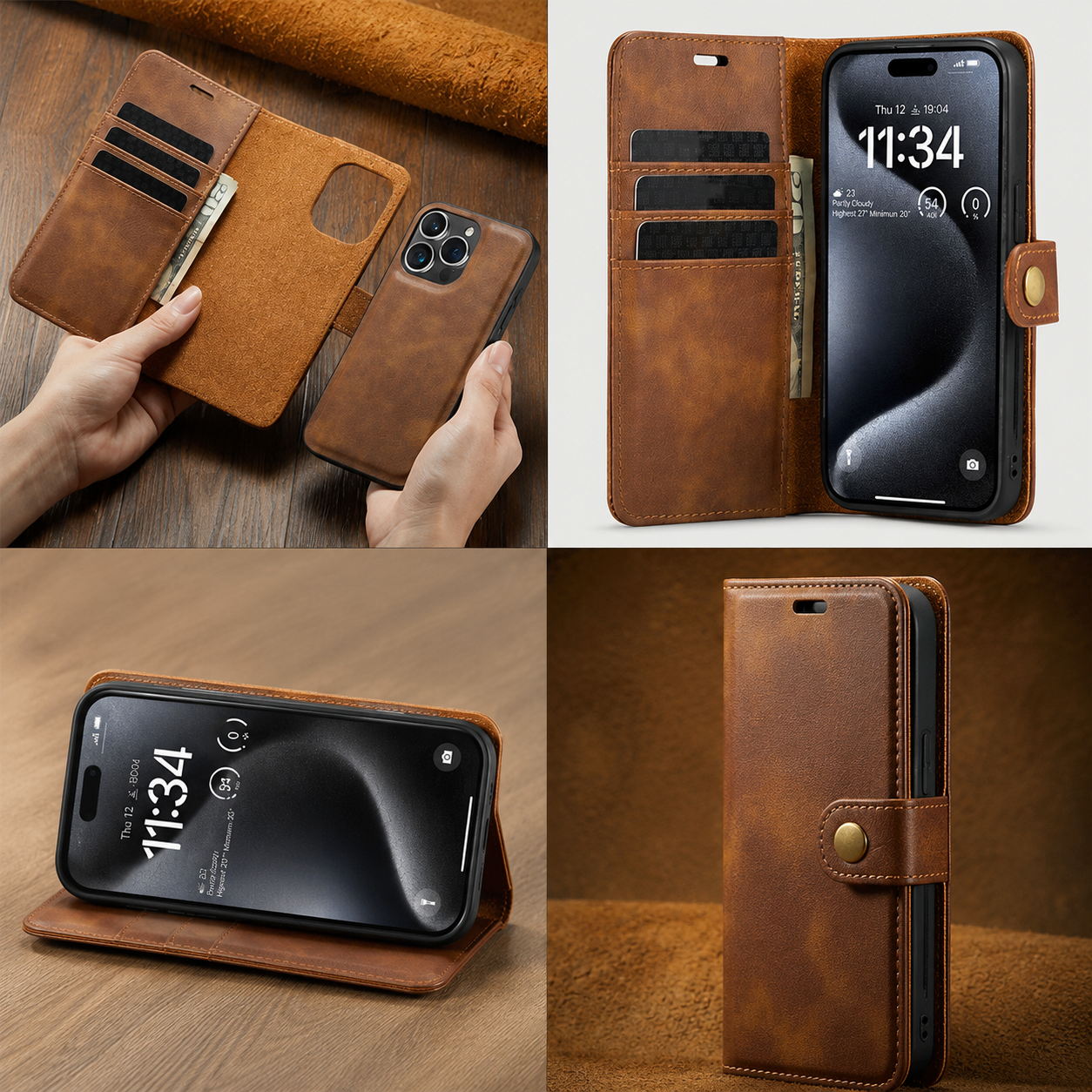 Premium iPhone Case MagSafe Compatible Detachable Leather Wallet Cover Magnetic Card Holder Shockproof Protective Camera Lens Protection Slim Design