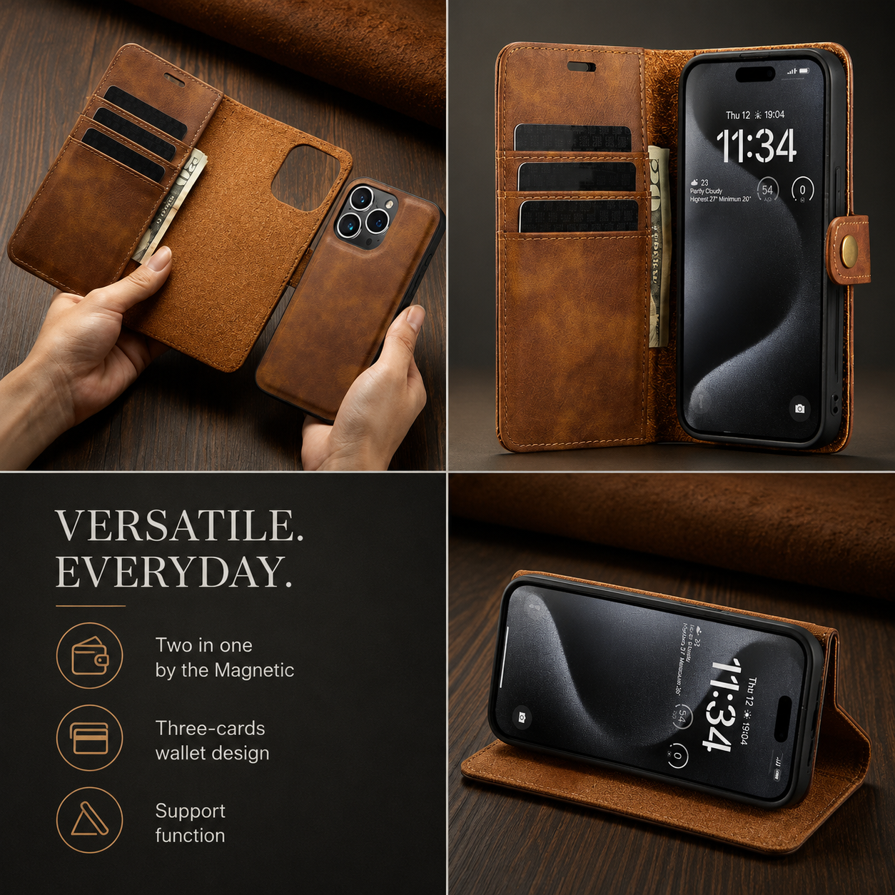 Premium iPhone Case MagSafe Compatible Detachable Leather Wallet Cover Magnetic Card Holder Shockproof Protective Camera Lens Protection Slim Design