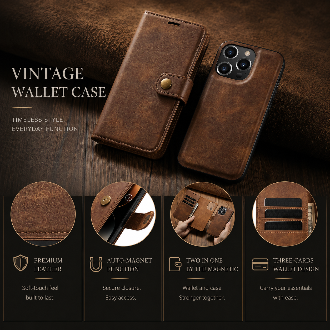 Premium iPhone Case MagSafe Compatible Detachable Leather Wallet Cover Magnetic Card Holder Shockproof Protective Camera Lens Protection Slim Design