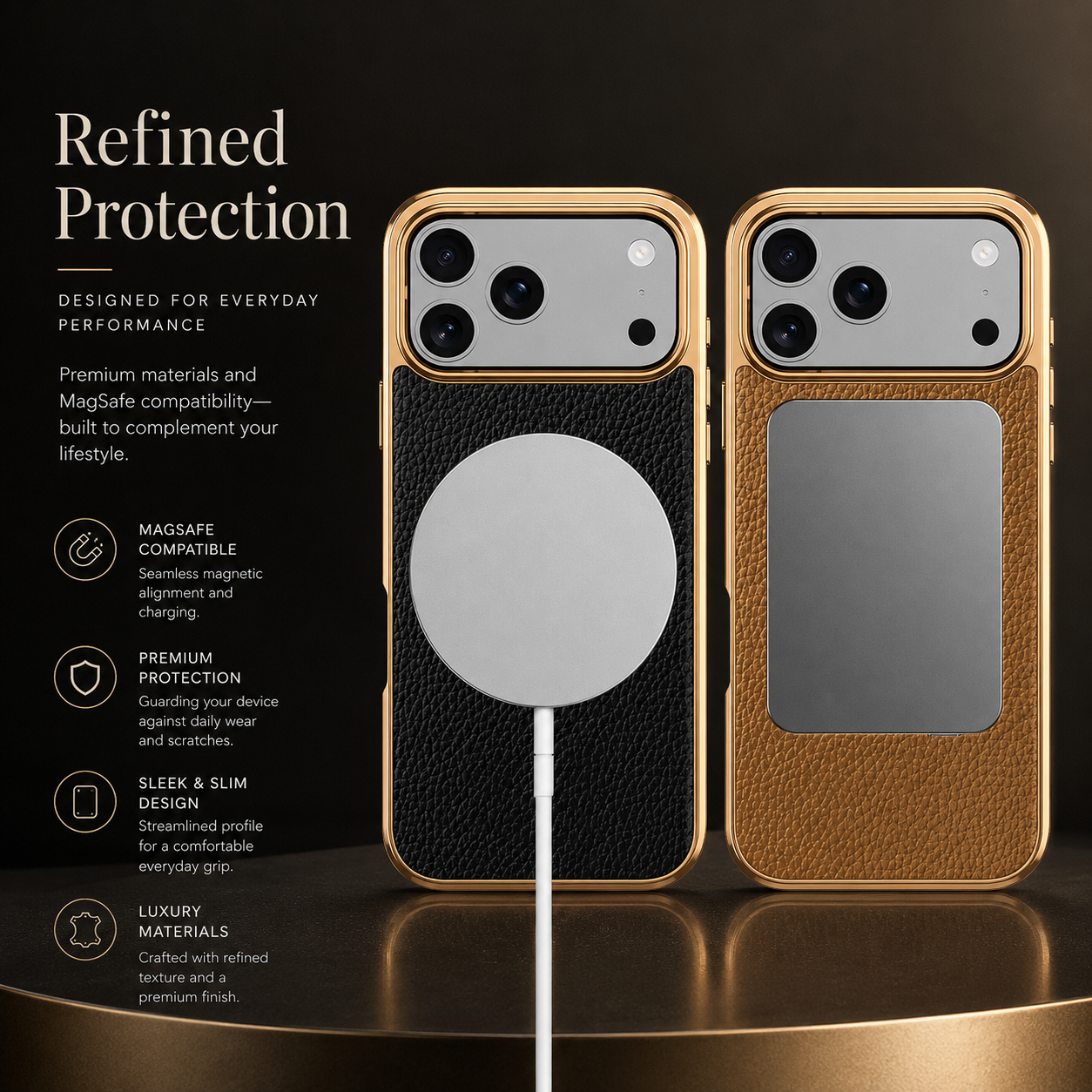 Premium iPhone Case MagSafe Compatible Genuine Cowhide Leather Protective Cover Lychee Texture Shockproof Anti Fingerprint Slim Full Coverage Design
