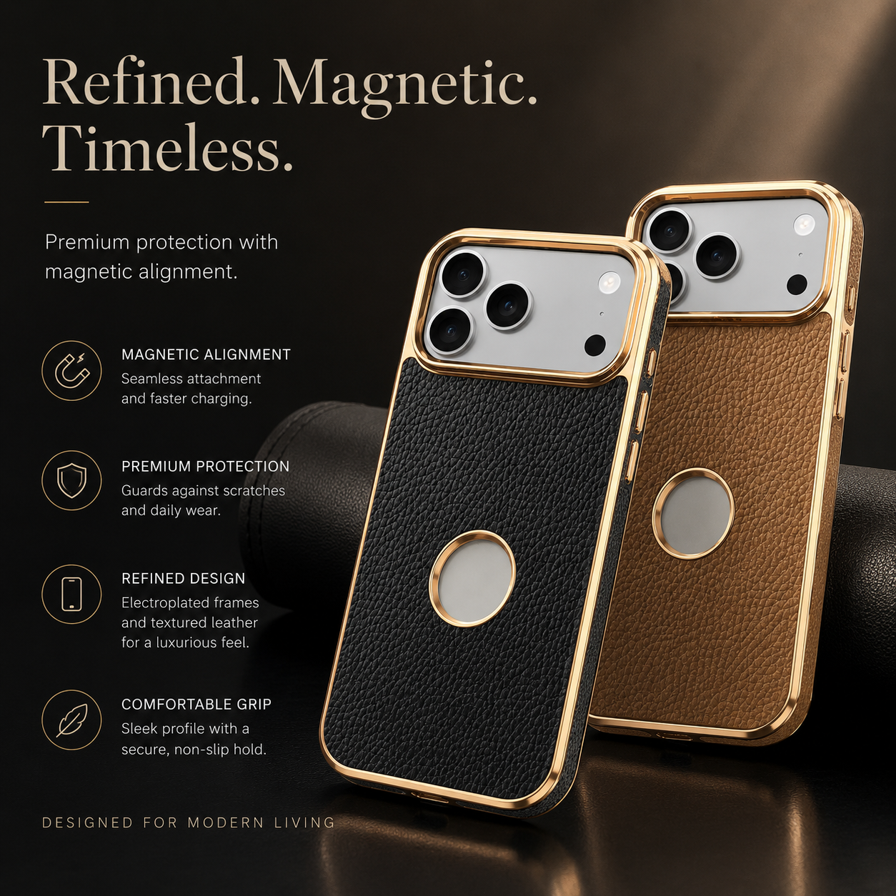Premium iPhone Case MagSafe Compatible Genuine Cowhide Leather Protective Cover Lychee Texture Shockproof Anti Fingerprint Slim Full Coverage Design