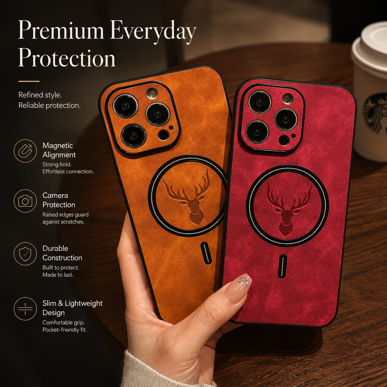 Premium iPhone Case MagSafe Compatible Genuine Deer Leather Cover Bumper Frame Magnetic Shockproof Protective Camera Lens Guard Slim Design