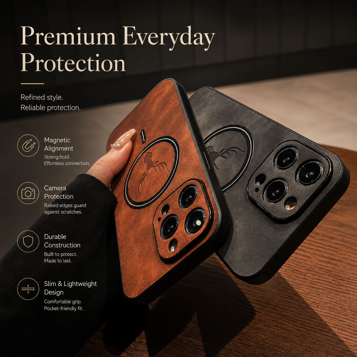 Premium iPhone Case MagSafe Compatible Genuine Deer Leather Cover Bumper Frame Magnetic Shockproof Protective Camera Lens Guard Slim Design