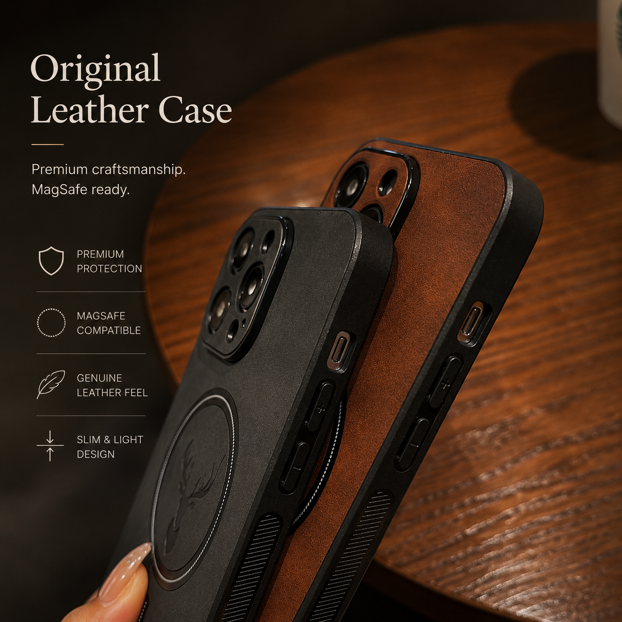 Premium iPhone Case MagSafe Compatible Genuine Deer Leather Cover Bumper Frame Magnetic Shockproof Protective Camera Lens Guard Slim Design