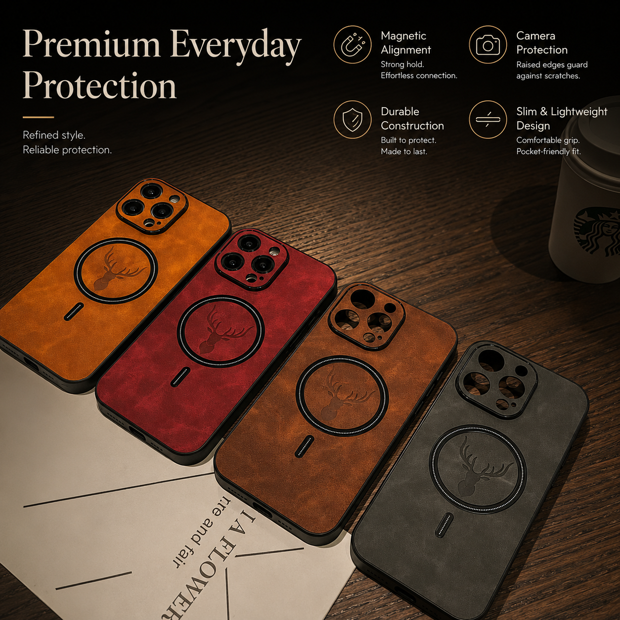 Premium iPhone Case MagSafe Compatible Genuine Deer Leather Cover Bumper Frame Magnetic Shockproof Protective Camera Lens Guard Slim Design