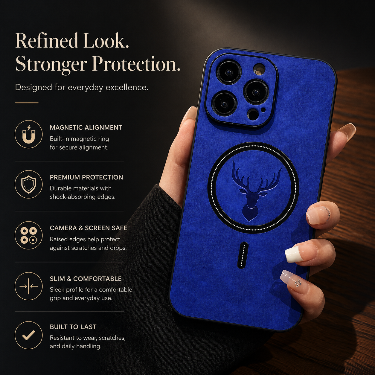 Premium iPhone Case MagSafe Compatible Genuine Deer Leather Cover Bumper Frame Magnetic Shockproof Protective Camera Lens Guard Slim Design