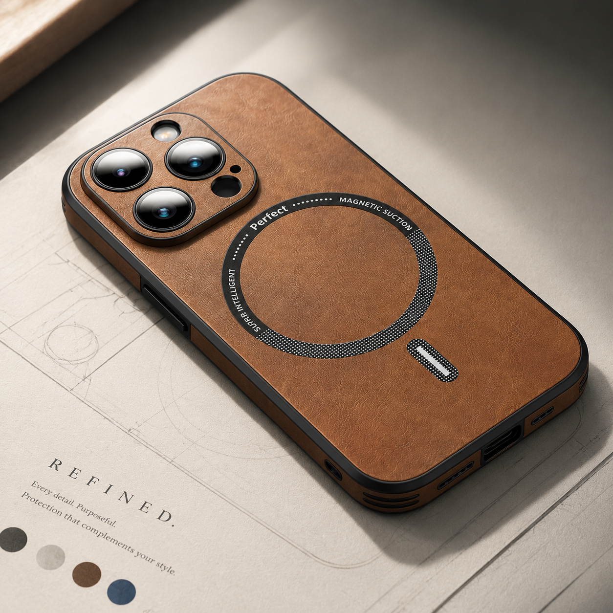 Premium iPhone Case MagSafe Compatible Genuine Leather Cover Magnetic Shock Absorbing Protective Camera Lens Guard Slim Full Coverage Design