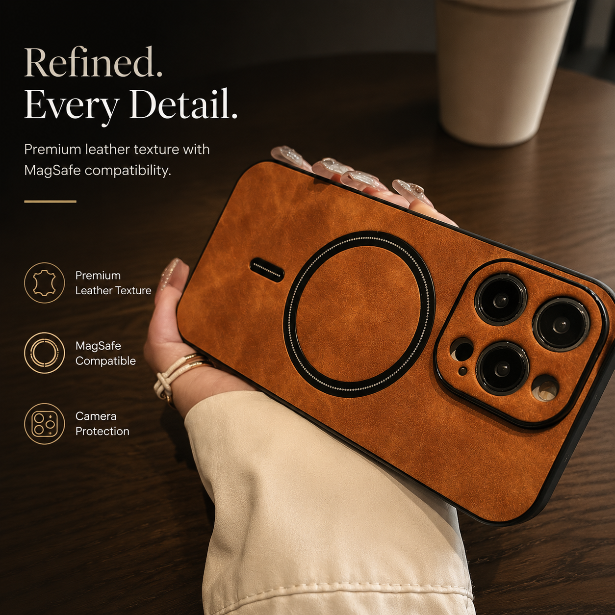 Premium iPhone Case MagSafe Compatible Genuine Leather Cover Magnetic Shock Absorbing Protective Camera Lens Guard Slim Full Coverage Design