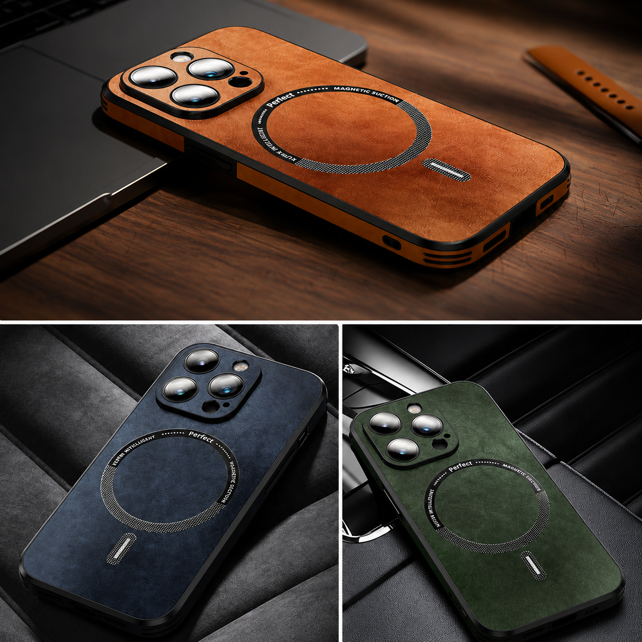 Premium iPhone Case MagSafe Compatible Genuine Leather Cover Magnetic Shock Absorbing Protective Camera Lens Guard Slim Full Coverage Design