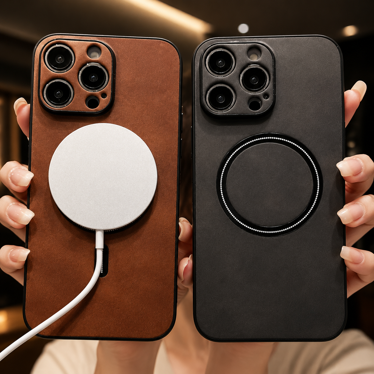 Premium iPhone Case MagSafe Compatible Genuine Leather Cover Magnetic Shock Absorbing Protective Camera Lens Guard Slim Full Coverage Design
