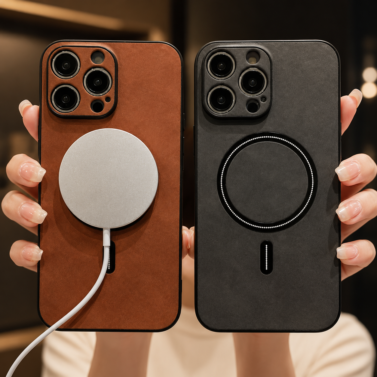 Premium iPhone Case MagSafe Compatible Genuine Leather Cover Magnetic Shock Absorbing Protective Camera Lens Guard Slim Full Coverage Design