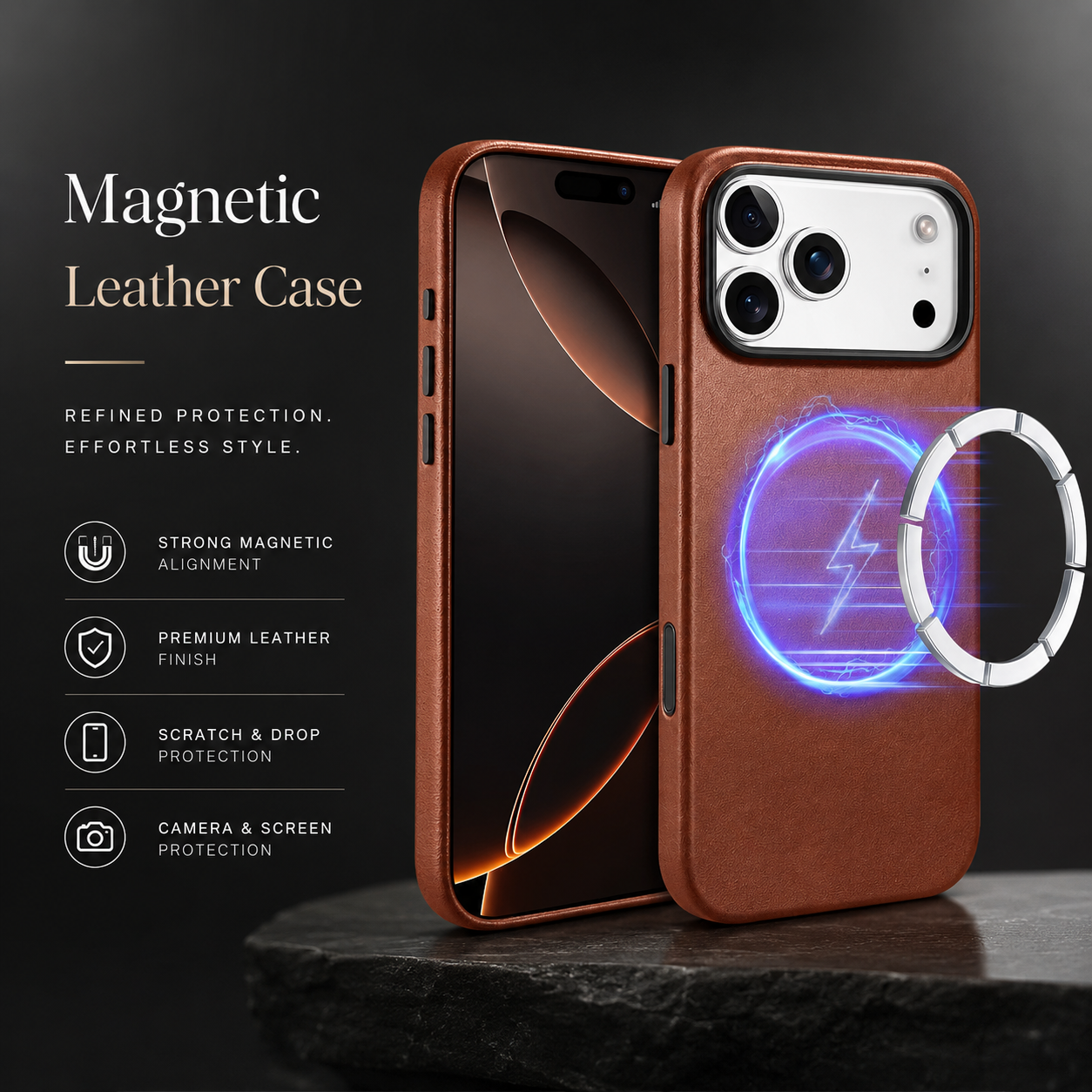 Premium iPhone Case MagSafe Compatible Genuine Leather Cover Shockproof Full Coverage Camera Protection Anti Fingerprint Non Slip Slim Fit Design
