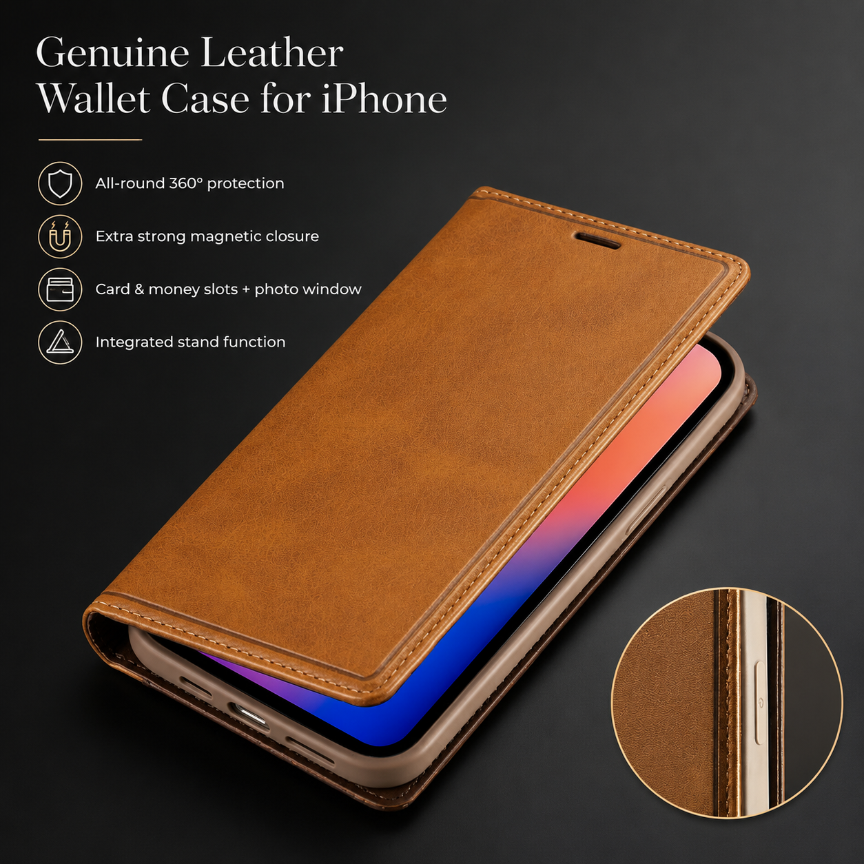 Premium iPhone Case MagSafe Compatible Genuine Leather Flip Wallet Cover Card Holder Magnetic Closure Shockproof Camera Lens Protection Slim Design