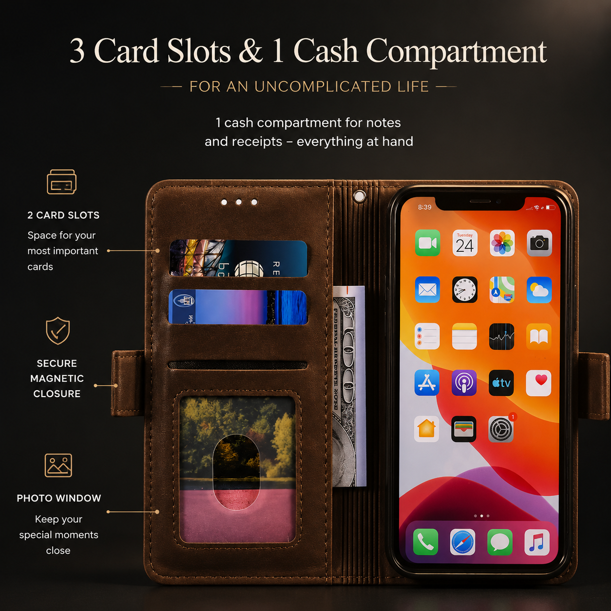 Premium iPhone Case MagSafe Compatible Genuine Leather Flip Wallet Cover Card Holder Magnetic Closure Shockproof Camera Lens Protection Slim Design