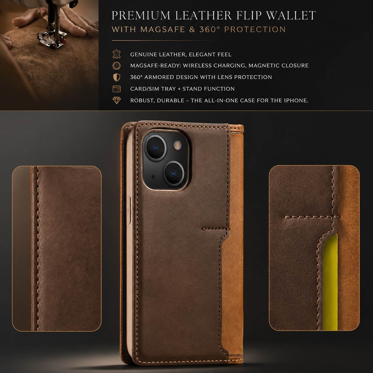 Premium iPhone Case MagSafe Compatible Genuine Leather Flip Wallet Cover Card Holder Magnetic Closure Shockproof Camera Lens Protection Slim Design