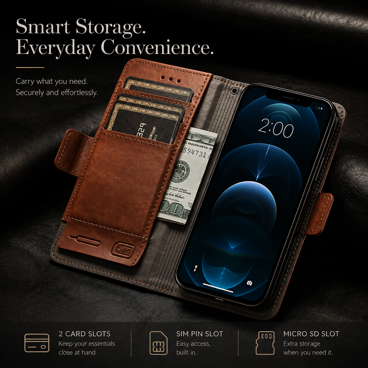 Premium iPhone Case MagSafe Compatible Genuine Leather Flip Wallet Cover Card Holder Magnetic Closure Shockproof Camera Lens Protection Slim Design