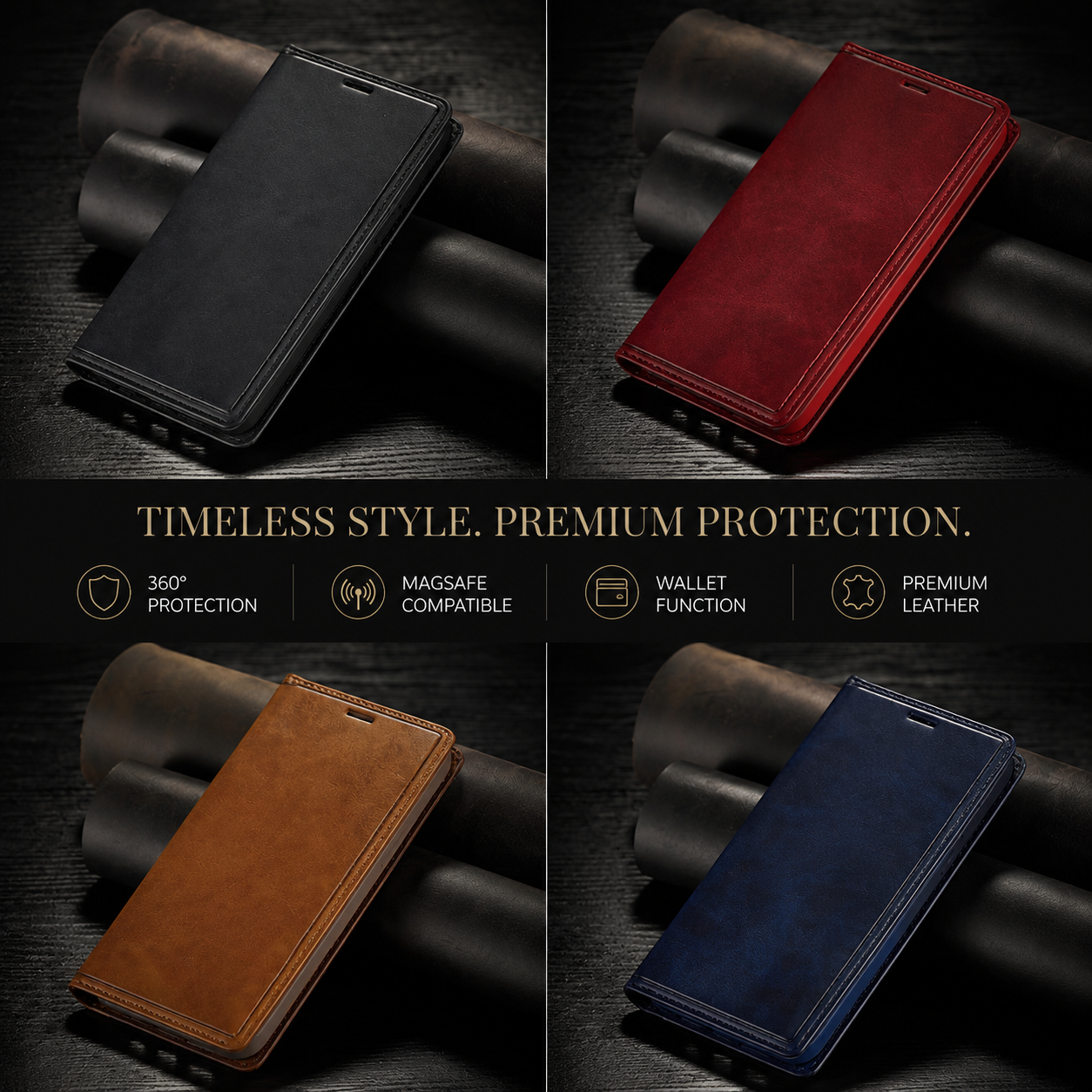Premium iPhone Case MagSafe Compatible Genuine Leather Flip Wallet Cover Card Holder Magnetic Closure Shockproof Camera Lens Protection Slim Design