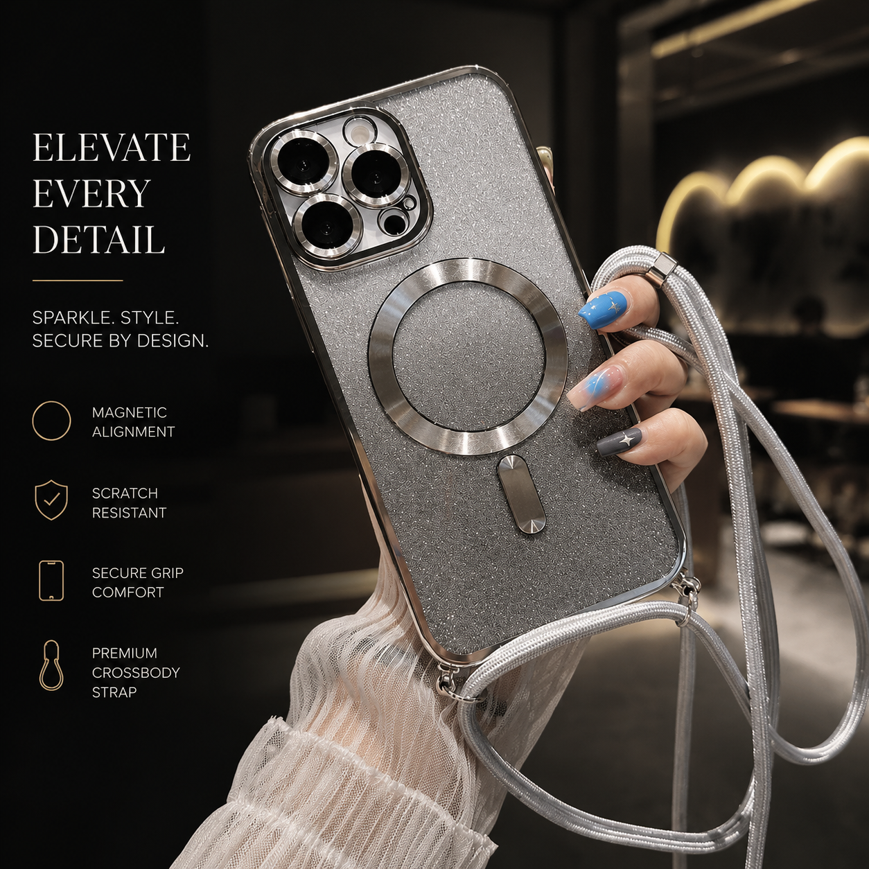 Premium iPhone Case MagSafe Compatible Gradient Glitter Crossbody Strap Magnetic Cover TPU Shockproof Protective Camera Lens Guard Slim Design