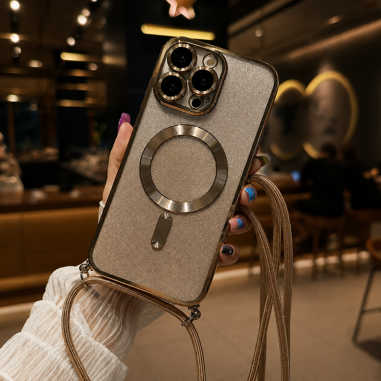 Premium iPhone Case MagSafe Compatible Gradient Glitter Crossbody Strap Magnetic Cover TPU Shockproof Protective Camera Lens Guard Slim Design