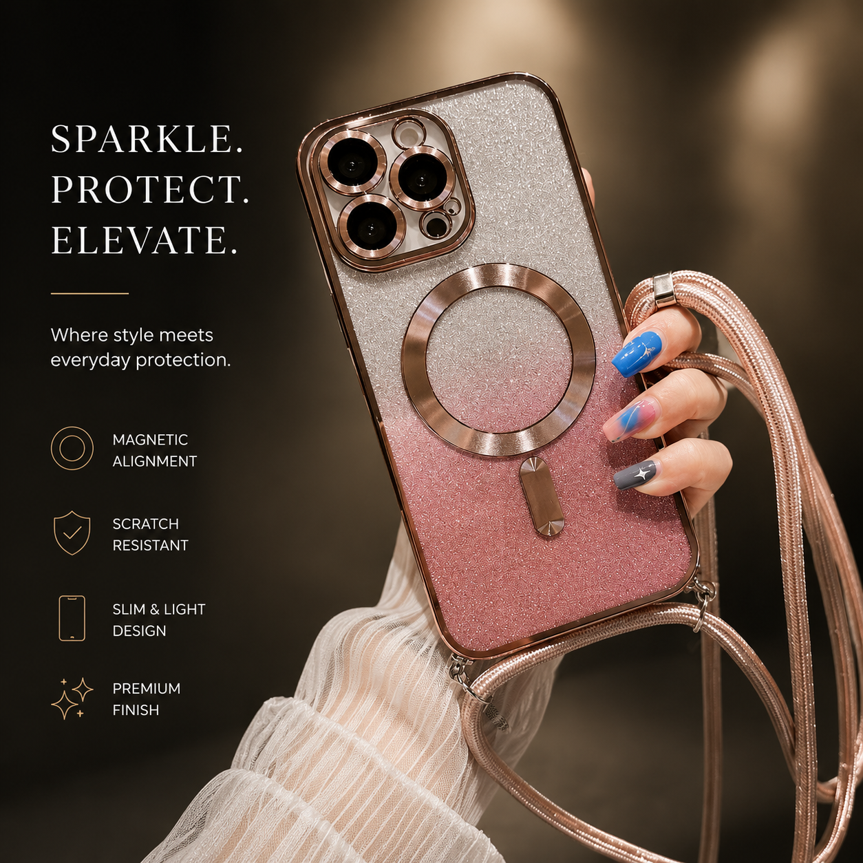 Premium iPhone Case MagSafe Compatible Gradient Glitter Crossbody Strap Magnetic Cover TPU Shockproof Protective Camera Lens Guard Slim Design