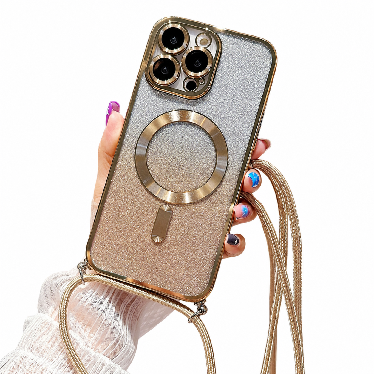 Premium iPhone Case MagSafe Compatible Gradient Glitter Crossbody Strap Magnetic Cover TPU Shockproof Protective Camera Lens Guard Slim Design