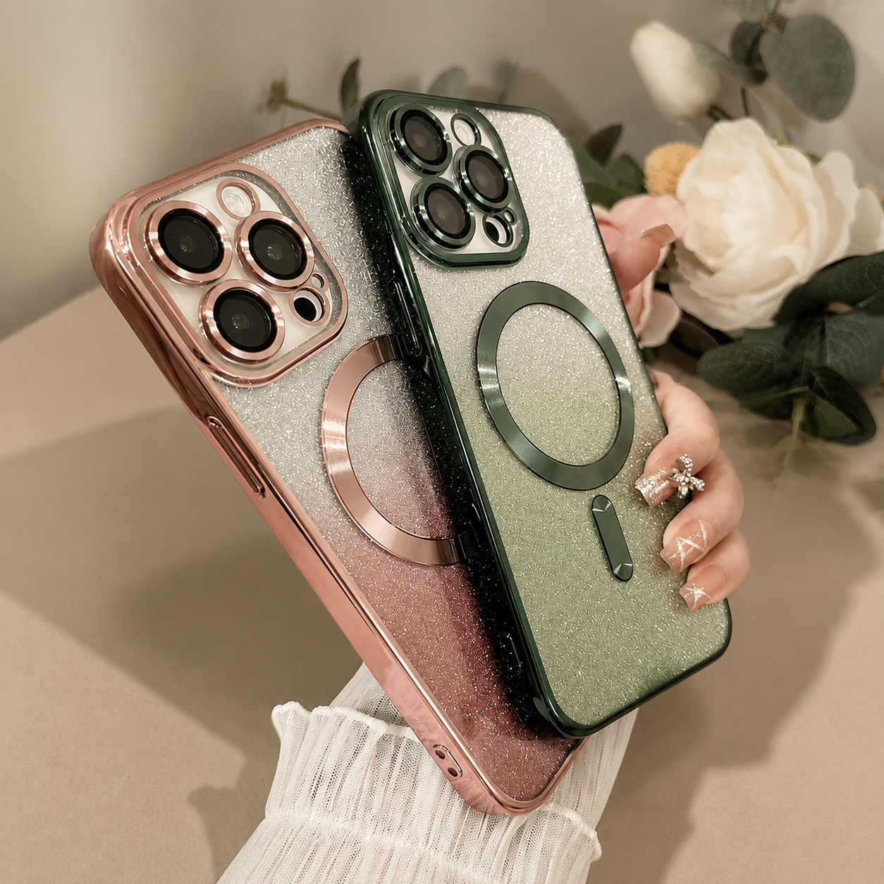 Premium iPhone Case MagSafe Compatible Gradient Glitter Crossbody Strap Magnetic Cover TPU Shockproof Protective Camera Lens Guard Slim Design