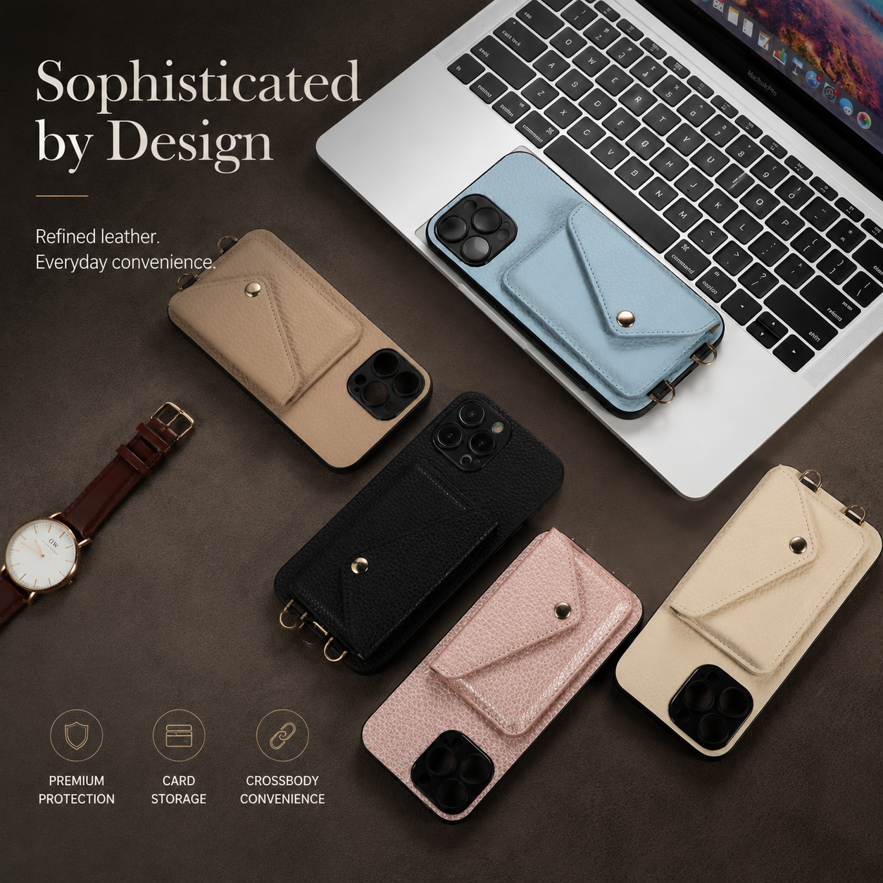 Premium iPhone Case MagSafe Compatible Leather Crossbody Wallet Cover Card Holder Strap Magnetic Shockproof Protective Camera Lens Guard Slim Design