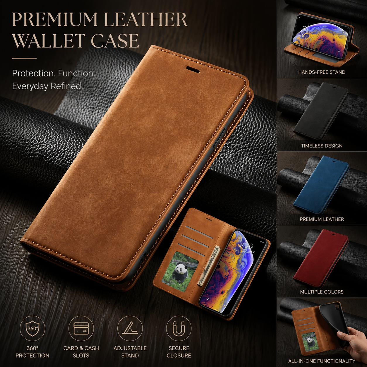 Premium iPhone Case MagSafe Compatible Leather Flip Wallet Cover Card Holder Magnetic Stand Shockproof Protective Camera Lens Guard Slim Design
