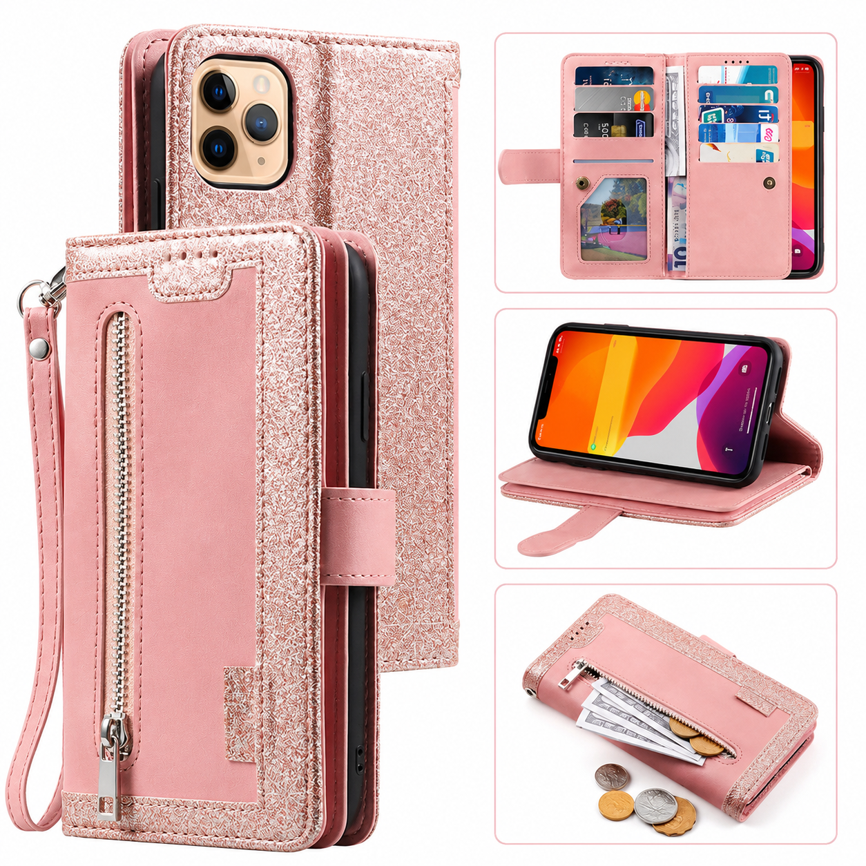 Premium iPhone Case MagSafe Compatible Leather Flip Wallet Cover Zipper Card Holder Strap Stand Magnetic Shockproof Camera Lens Protection Slim Design