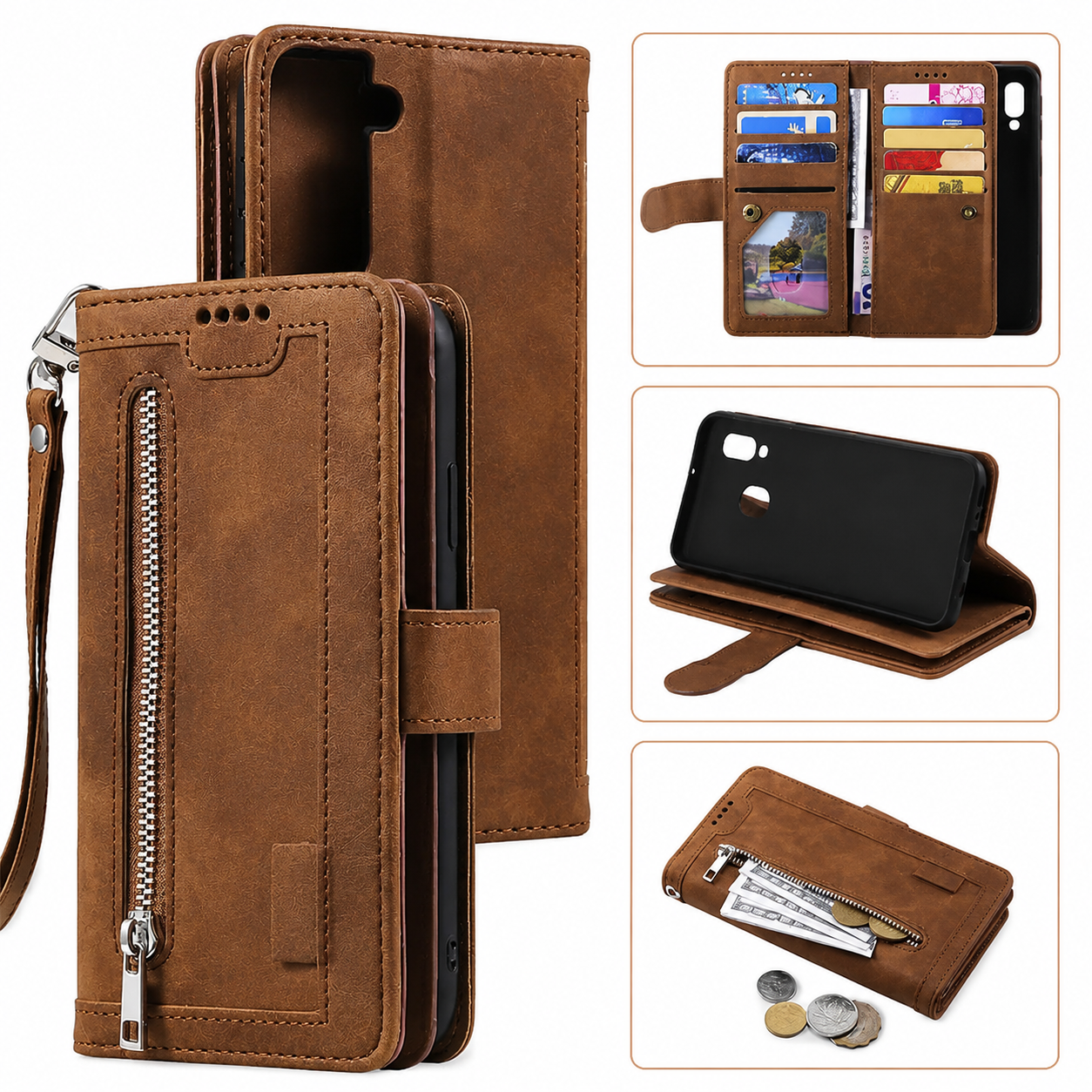 Premium iPhone Case MagSafe Compatible Leather Flip Wallet Cover Zipper Card Holder Strap Stand Magnetic Shockproof Camera Lens Protection Slim Design