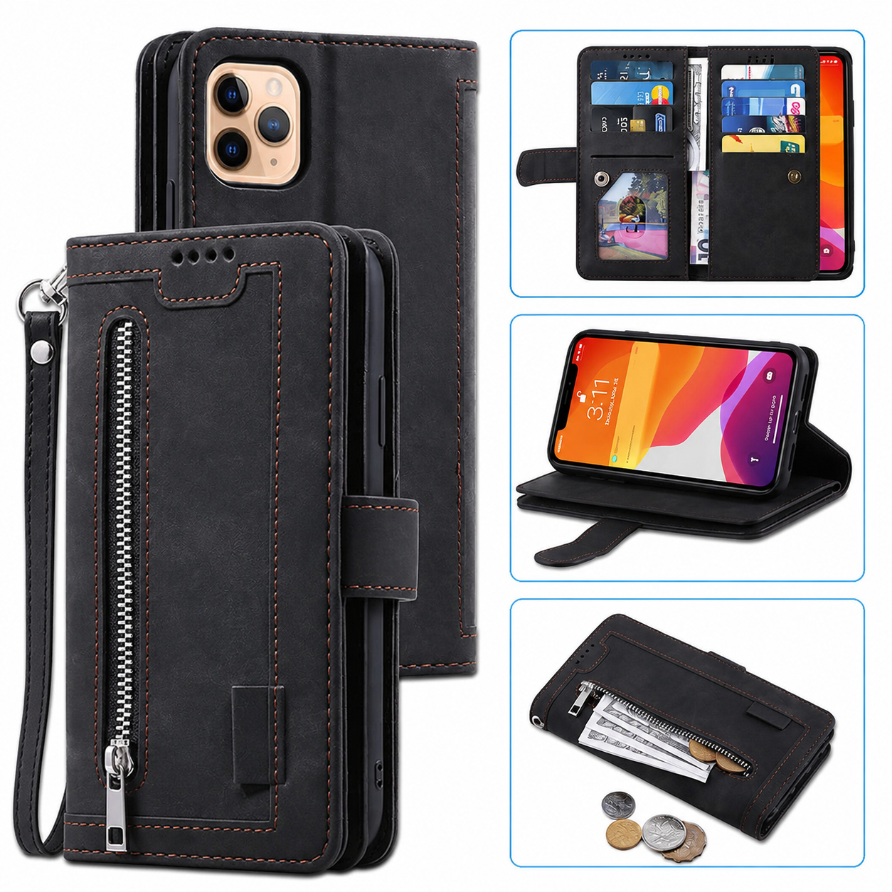 Premium iPhone Case MagSafe Compatible Leather Flip Wallet Cover Zipper Card Holder Strap Stand Magnetic Shockproof Camera Lens Protection Slim Design