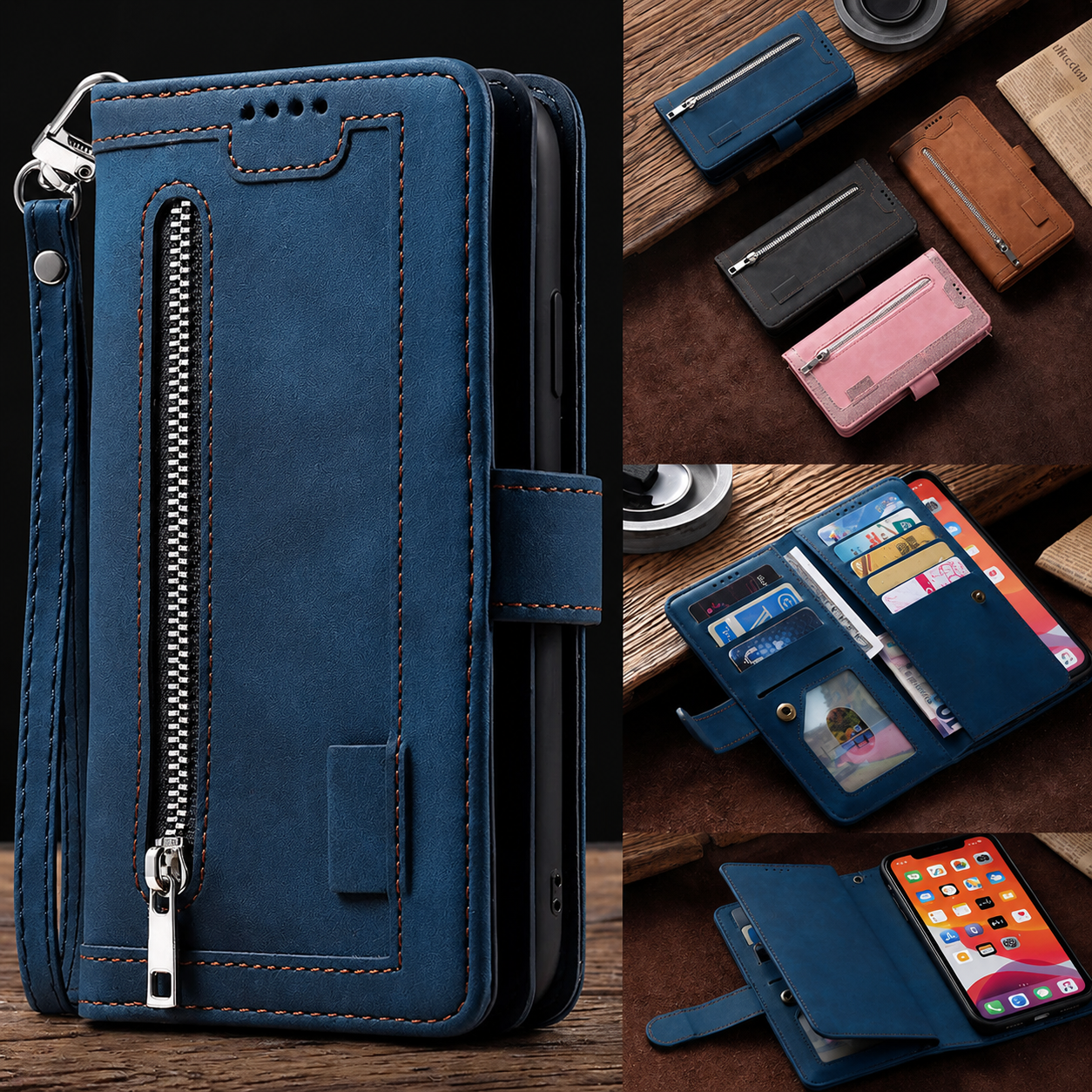 Premium iPhone Case MagSafe Compatible Leather Flip Wallet Cover Zipper Card Holder Strap Stand Magnetic Shockproof Camera Lens Protection Slim Design